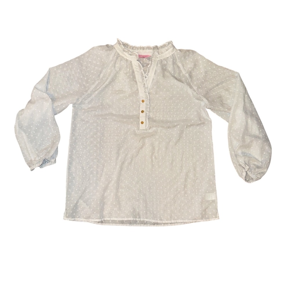 Lilly Pulitzer‎ Blouse Womens Large White Swiss Dot Ruffle Neck Long Sleeve